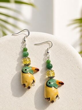 Ceramic Toucan Drop Earrings in Yellow & Green With Tiki Room Bracelet